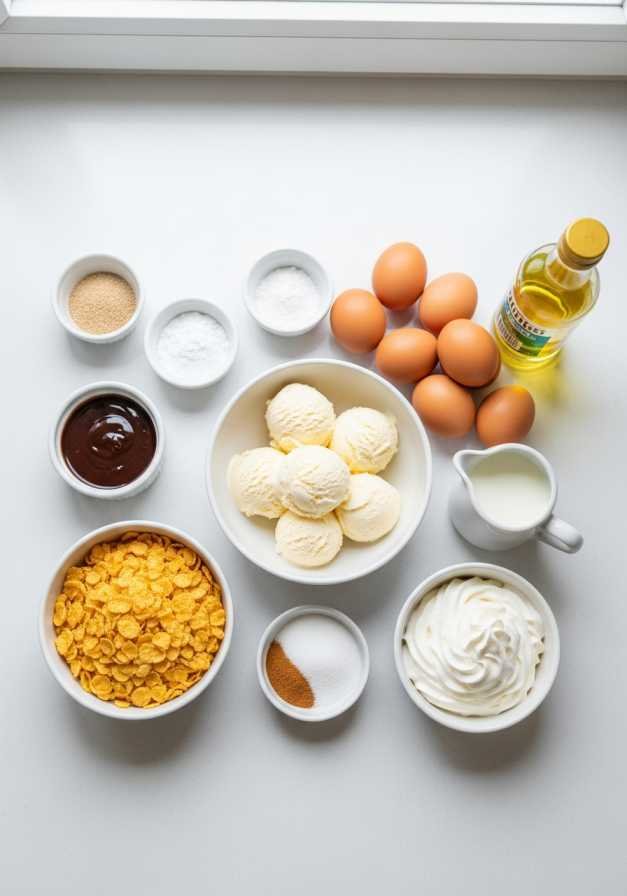 Ingredients for japanese fried ice cream recipe including ice cream cornflakes eggs milk sugar and oil
