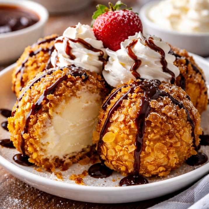 Japanese fried ice cream with crispy coating and creamy vanilla center served with chocolate drizzle and whipped cream.