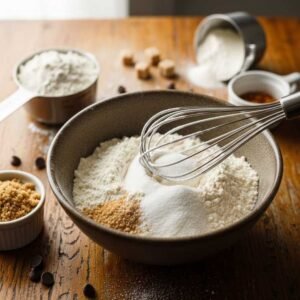 mixing flour, baking soda and salt for cookie dough