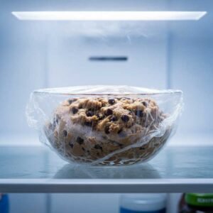 Chilling chocolate chip cookie dough in the refrigerator