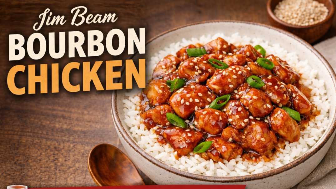 Jim Beam bourbon chicken recipe served over rice with sesame seeds and green onions.