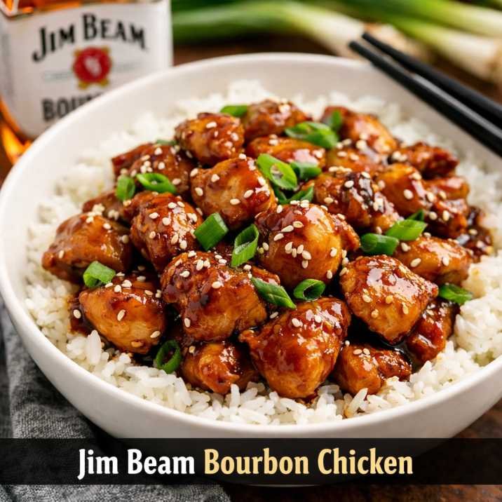 Jim Beam Bourbon Chicken Recipe 3 Jim Beam bourbon chicken recipe served over rice with sesame seeds and green onions