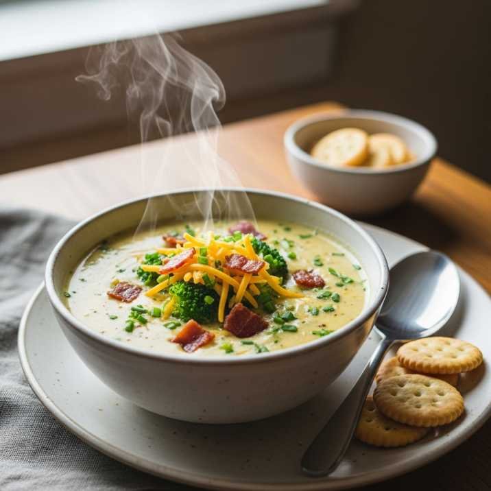 Keto Broccoli Cheese Soup Without Heavy Cream Recipe 6 Keto broccoli cheese soup without heavy cream in a white bowl, garnished with cheddar, bacon, and chives, served with low-carb crackers.