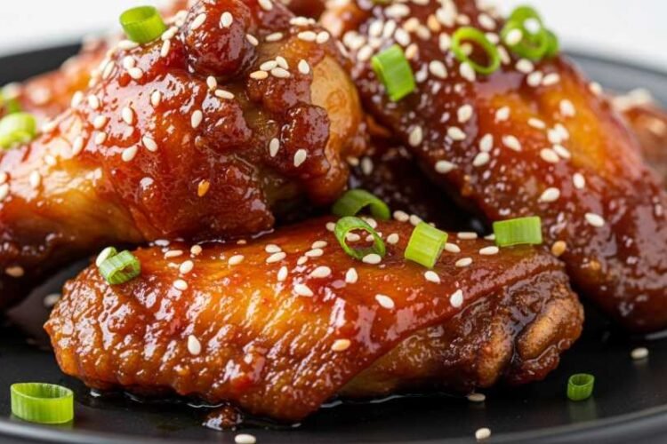 Korean sticky wings with glossy spicy sauce