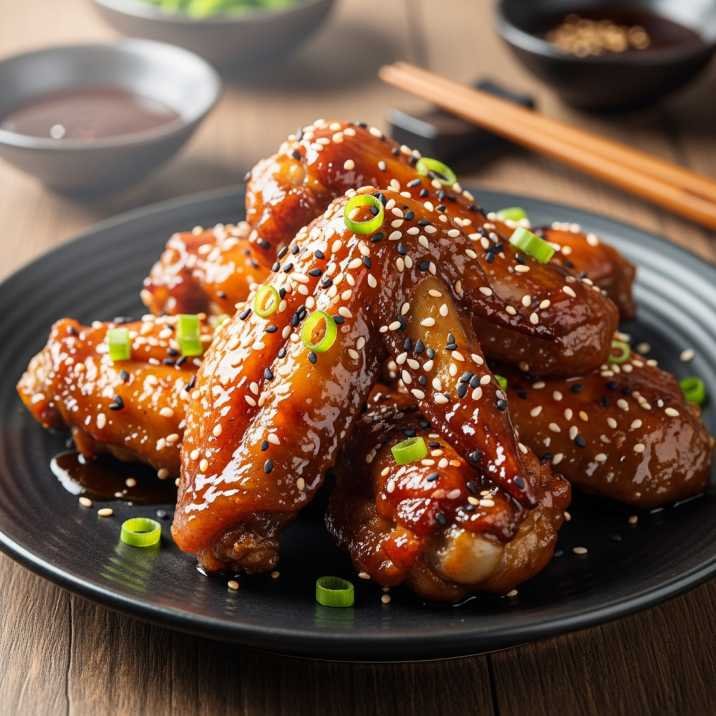 Korean sticky wings Japanese recipe with glossy spicy sauce and sesame seeds