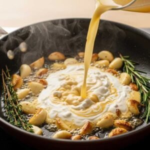 Cheap Dinner Ideas for 2 (That Don’t Feel Cheap at All) 16 Making creamy garlic sauce with broth and cream for chicken