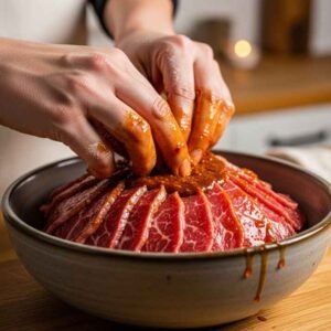 Bihari Kabab Recipe Shan Masala 7 marinating bihari kabab meat.jpg