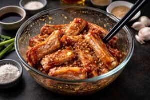 Chinese Fried Pork Spare Ribs Recipe – Crispy Garlic Pepper Ribs Better Than Takeout 5 Marinating pork spare ribs with spices in a bowl