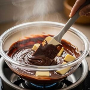Melting dark chocolate and butter for the British molten chocolate fudge cake recipe