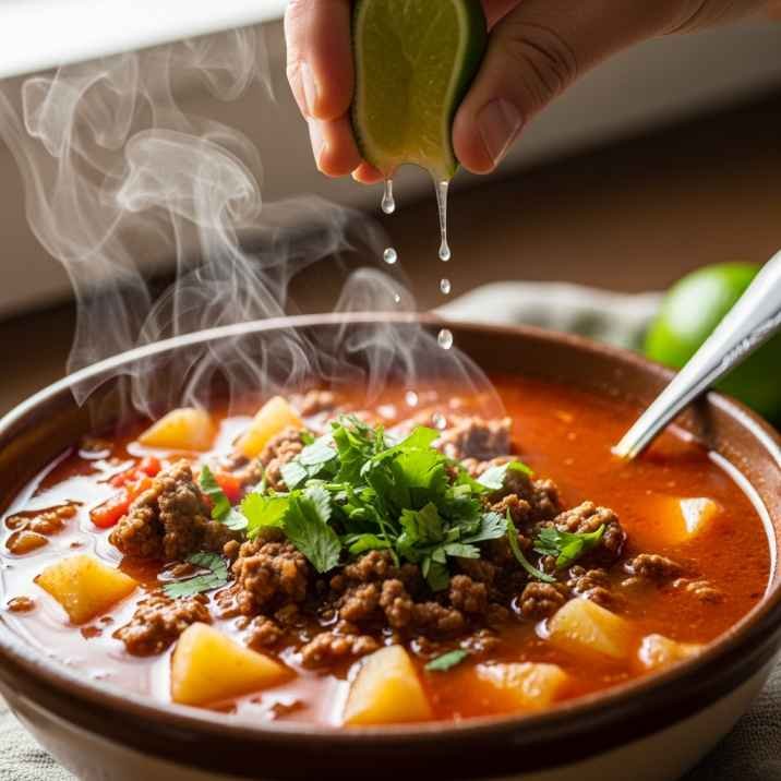 Mexican Soup with Ground Beef and Potatoes Recipe 8 Mexican soup with ground beef and potatoes ready to serve