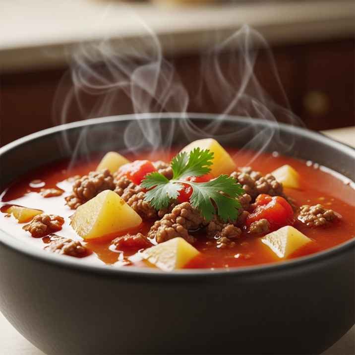 Mexican Soup with Ground Beef and Potatoes Recipe 18 Close view of Mexican soup with ground beef and potatoes