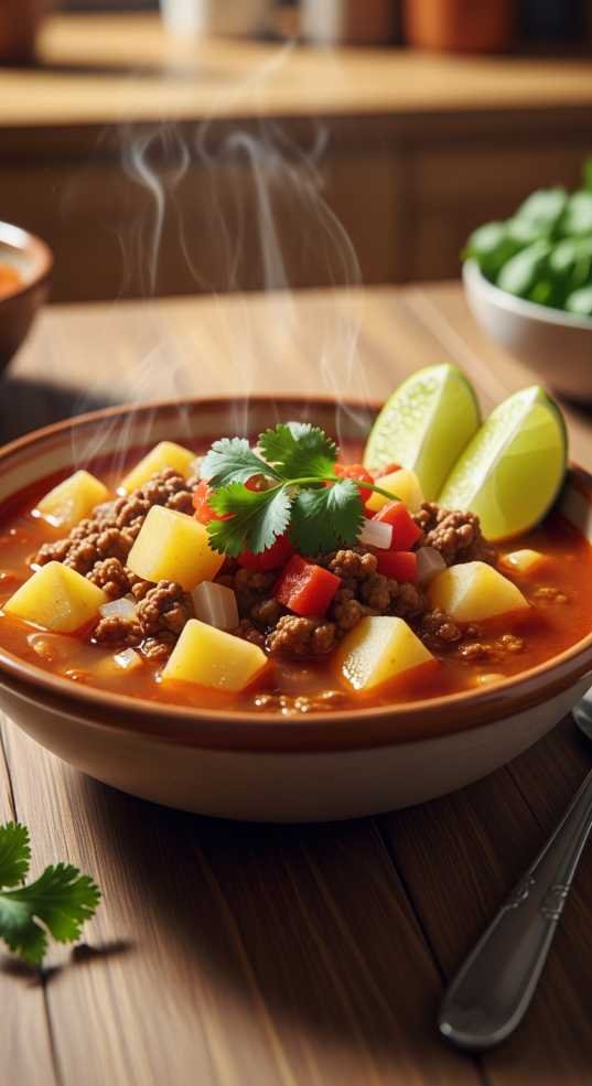 Mexican Soup with Ground Beef and Potatoes Recipe 10 Mexican soup with ground beef and potatoes in a rustic bowl