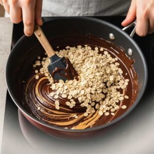 4 Ingredient Chocolate Peanut Butter No Bake Cookies Recipe 7 Oats mixed into a chocolate peanut butter mixture for no-bake cookies