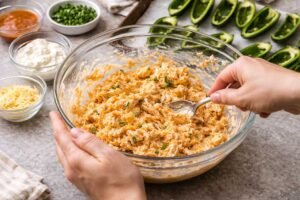 mixing buffalo chicken filling for jalapeno poppers.jpg