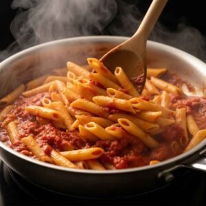 mixing penne pasta with tomato sauce
