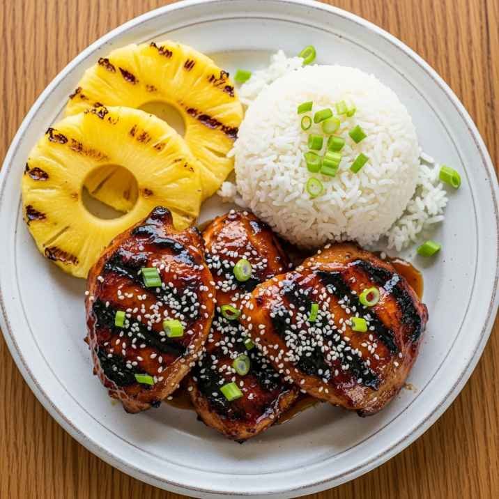 Molokai chicken served with rice and pineapple in Hawaiian-style sauce on a plate
