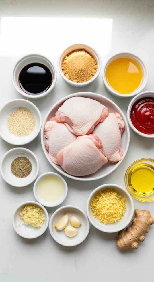 ingredients for Molokai chicken recipe with chicken, soy sauce, pineapple and spices