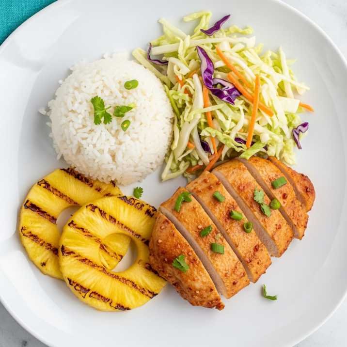 molokai chicken served with rice pineapple and slaw