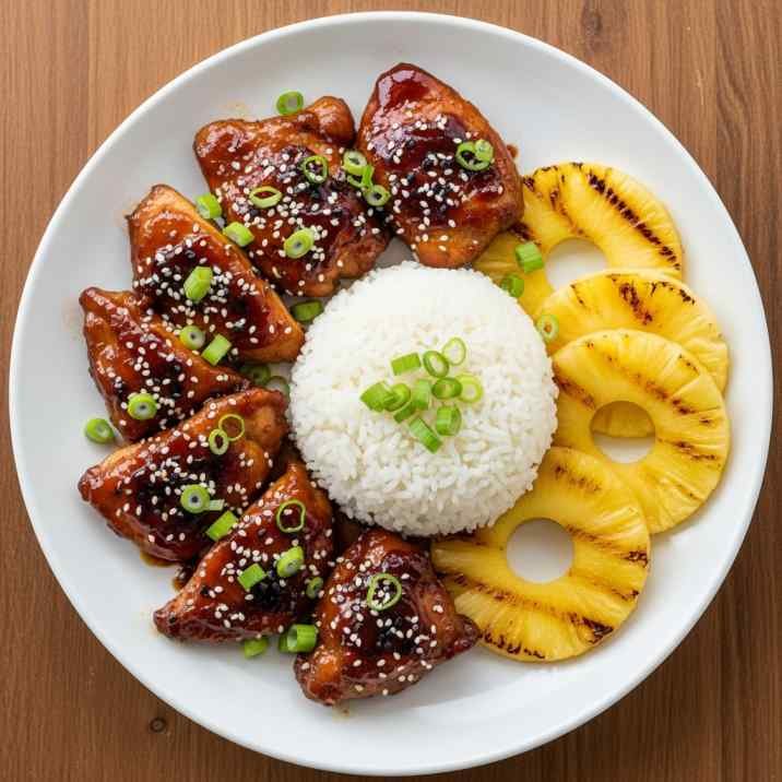 Molokai chicken served with rice and pineapple in Hawaiian sweet and savory glaze on a plate