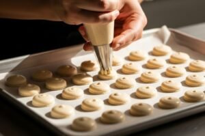 Vanilla Macaron with Chocolate Ganache Recipe 8 Piping vanilla macaron shells on tray.