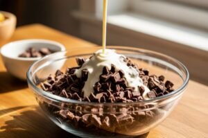 Vanilla Macaron with Chocolate Ganache Recipe 12 pouring hot cream over chocolate ganache.jpg