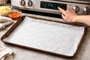 Baking sheet lined with parchment paper for jalapeno poppers