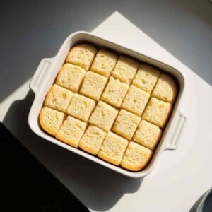 bread cubes in a baking dish for French toast casserole