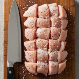 Jim Beam Bourbon Chicken Recipe 5 Cutting boneless chicken thighs for the Jim Beam bourbon chicken recipe