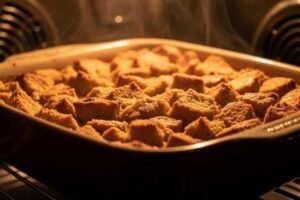 Pumpkin bread pudding is baking in the oven