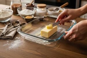 Greasing baking dish for pumpkin bread pudding