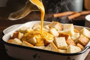 Pouring pumpkin custard over bread cubes