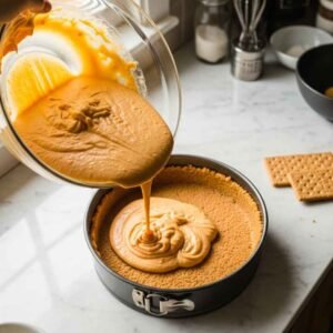 pouring cheesecake batter into the crust