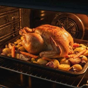 cook's country Greek chicken recipe roasting in the oven with vegetables turning golden