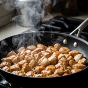 Jim Beam Bourbon Chicken Recipe 6 Searing chicken pieces in a skillet for the Jim Beam bourbon chicken recipe