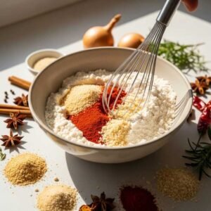 mixing seasoned flour for country-fried chicken coating