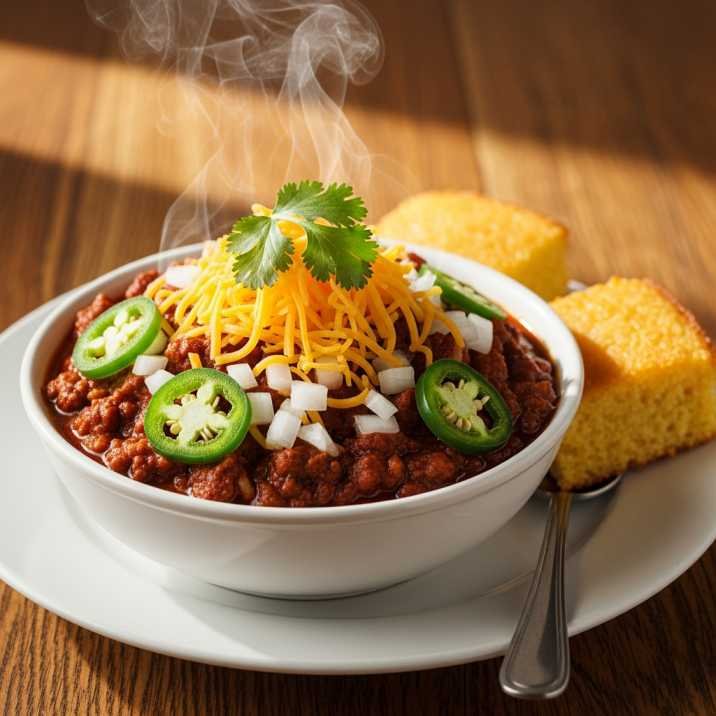 Texas chili served with toppings and cornbread