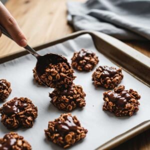 4 Ingredient Chocolate Peanut Butter No Bake Cookies Recipe 8 chocolate peanut butter cookie mixture scooped onto the tray