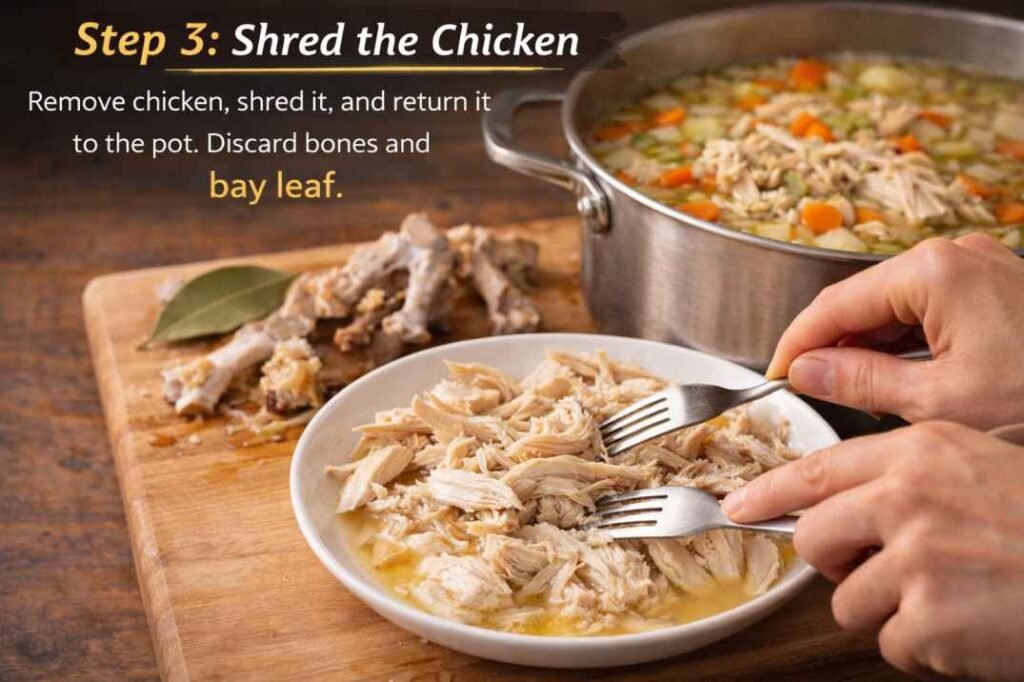 Shredding cooked chicken before adding it back to chicken potato avgolemono soup