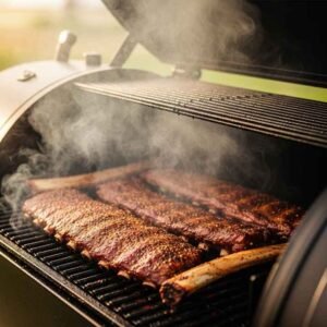 Dino ribs smoking in pellet smoker bone side down