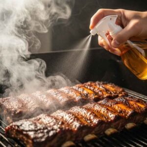 Spritzing dino ribs with apple cider vinegar during smoking