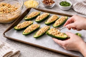 Stuffing jalapenos with buffalo chicken filling