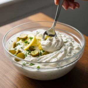 Easy Carl’s Jr Fish Sandwich Recipe 5 Homemade tartar sauce is being mixed in a bowl for a fish sandwich recipe