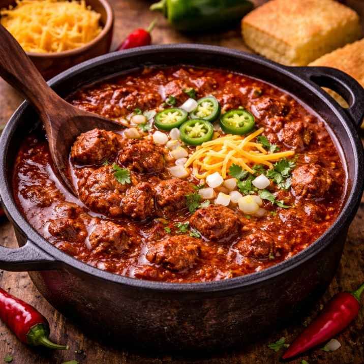 Texas Pepper Belly Pete chili in a cast-iron pot with toppings