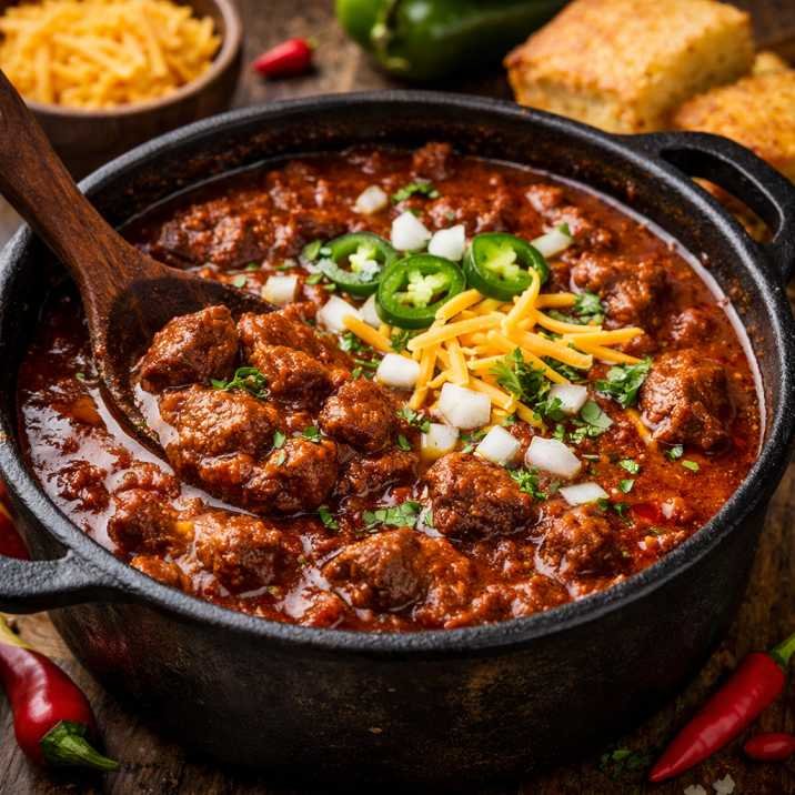 Texas Pepper Belly Pete chili recipe served in a cast iron pot with beef, jalapenos, cheese, and onions