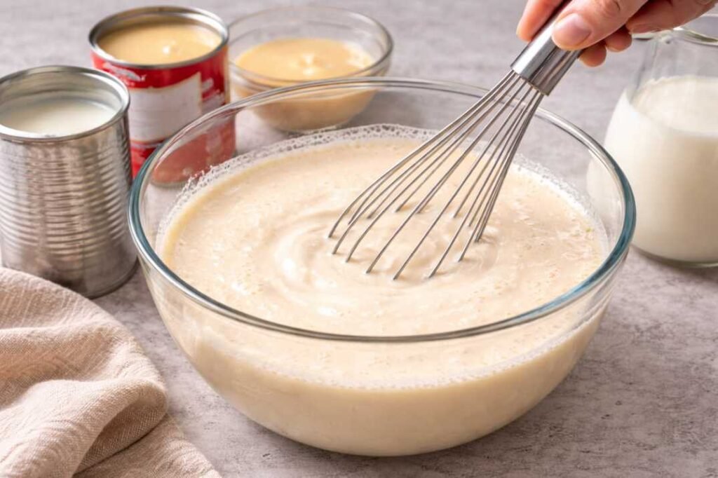 mixing tres leches milk mixture in bowl