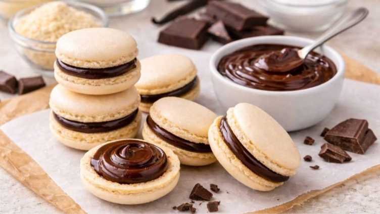 vanilla macarons with chocolate ganache filling