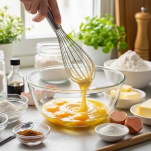 Whisking eggs and sugar for British molten chocolate fudge cake batter