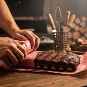 Wrapping dino ribs in butcher paper for smoking