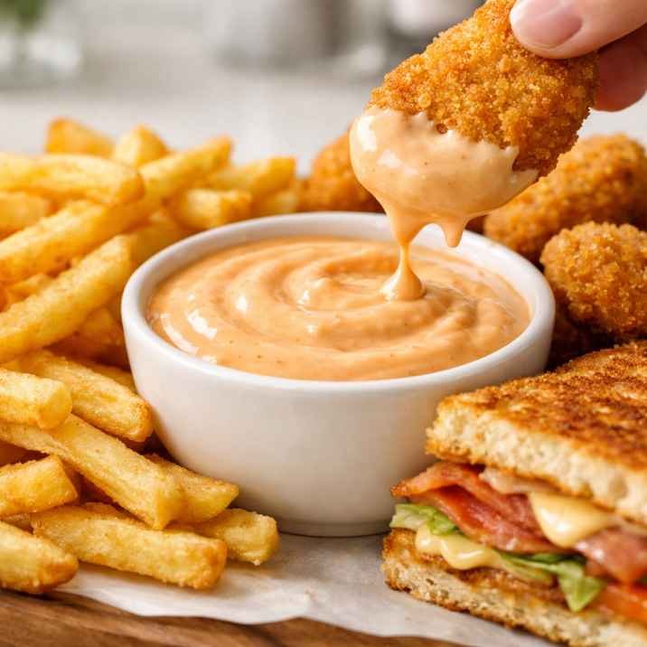 IHOP sauce served with fries chicken nuggets and sandwich