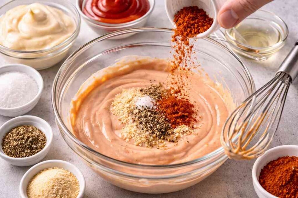 adding spices to homemade IHOP sauce mixture